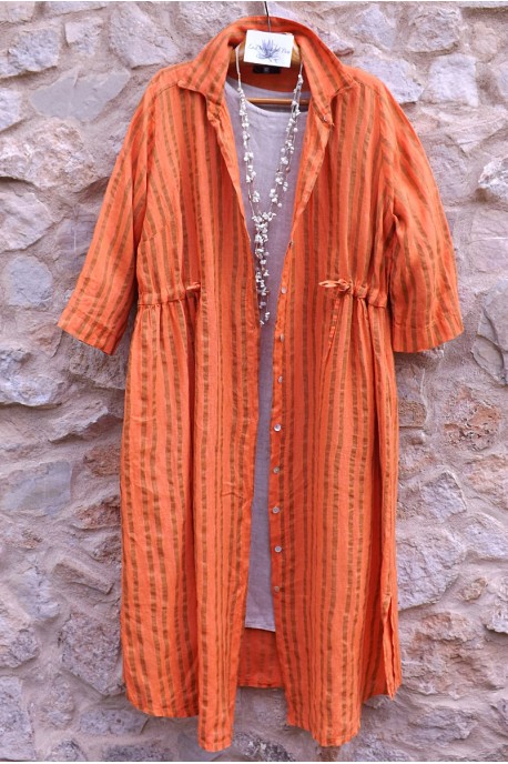 Veste ou robe lin Anna à rayures orange et camel