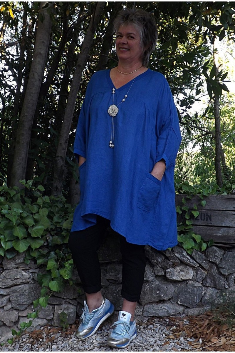 Tunique lin grande taille bleu roi