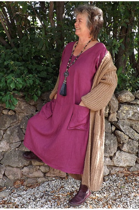 Robe longue lin grande taille Luce framboise et gilet Marcus