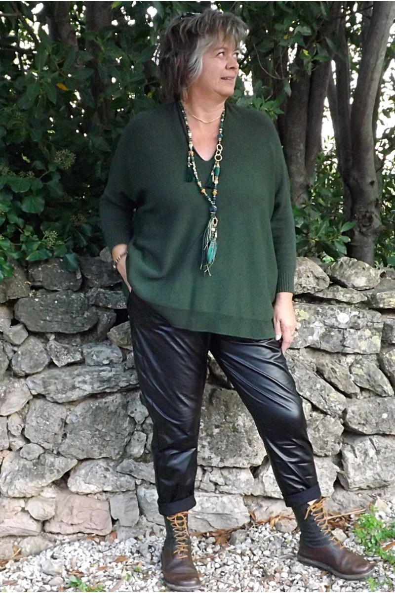 Pull femme l ger oversize col V vert sapin
