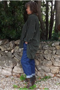 Veste longue en velours Lisette vert sapin et jean Jeff.