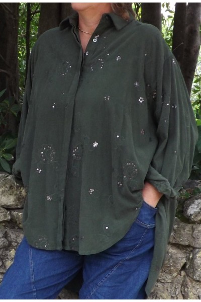 Veste longue en velours Lisette vert sapin et jean Jeff.