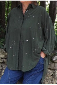 Veste longue en velours Lisette vert sapin et jean Jeff.