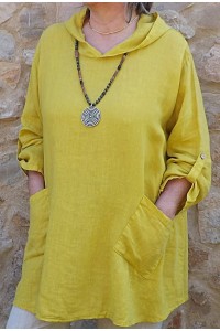 Tunique lin grande taille Madeline jaune agrume et pantalon lin Gabriel beige