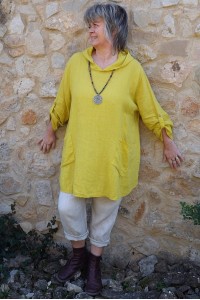 Tunique lin grande taille Madeline jaune agrume et pantalon lin Gabriel beige