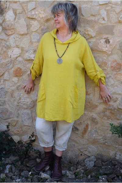 Tunique lin grande taille Madeline jaune agrume et pantalon lin Gabriel beige