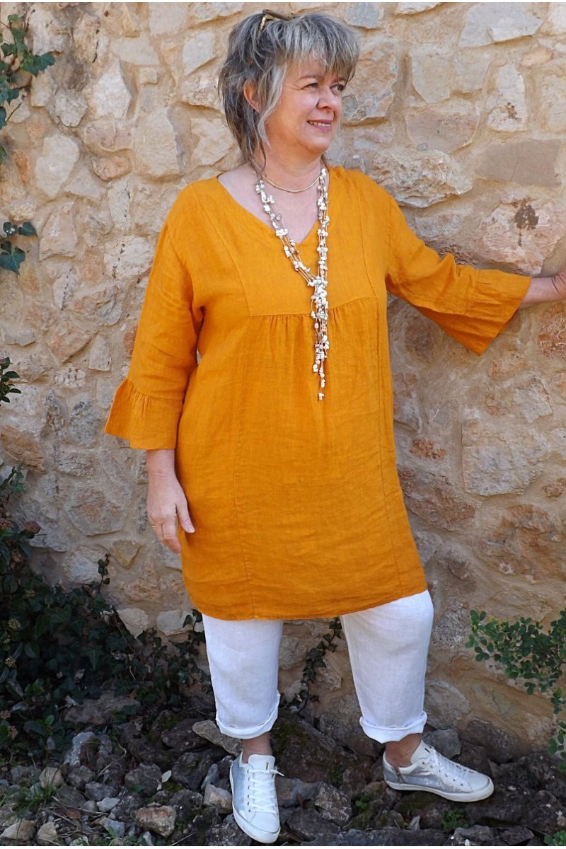 Robe lin Aurélia orangeade et pantalon lin Gabriel