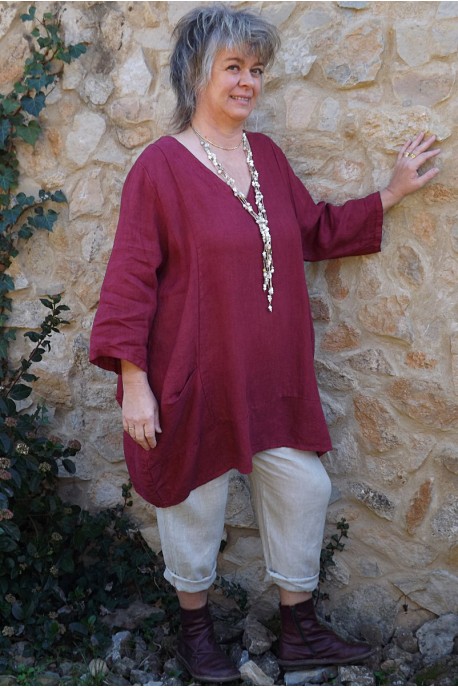 Tunique lin grande taille Romane bourgogne et pantalon lin Gabriel