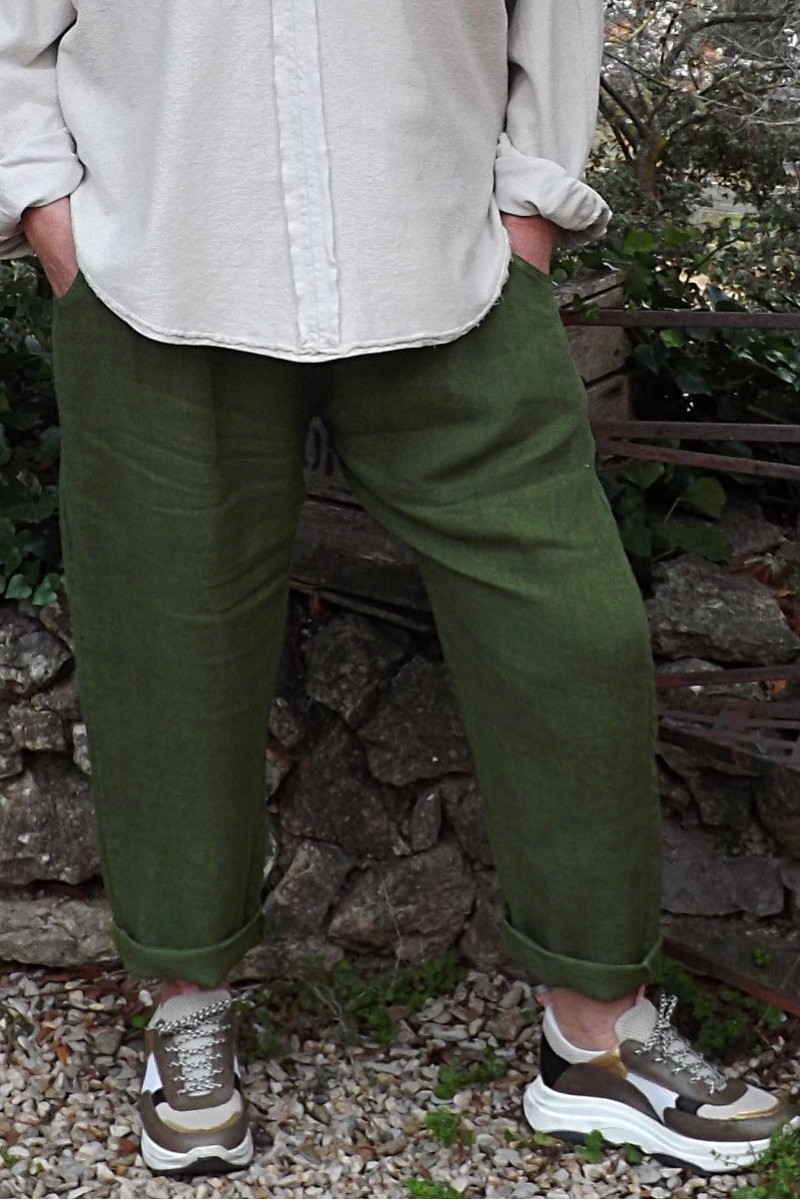 Pantalon lin Gabriel vert équateur et liquette coton Angie