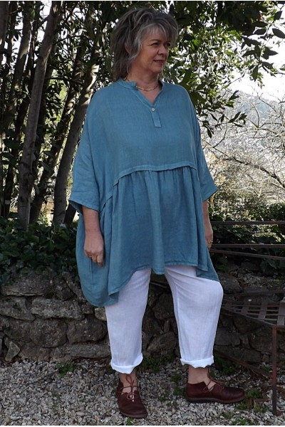 Tunique lin grande taille Colette bleu bahamas et pantalon lin Gabriel.