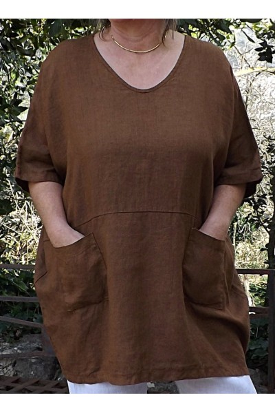 Tunique lin grande taille Suzanne café et pantalon lin Gabriel