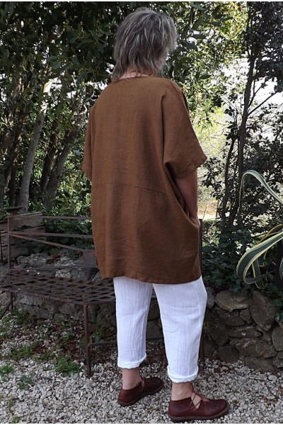 Tunique lin grande taille Suzanne café et pantalon lin Gabriel