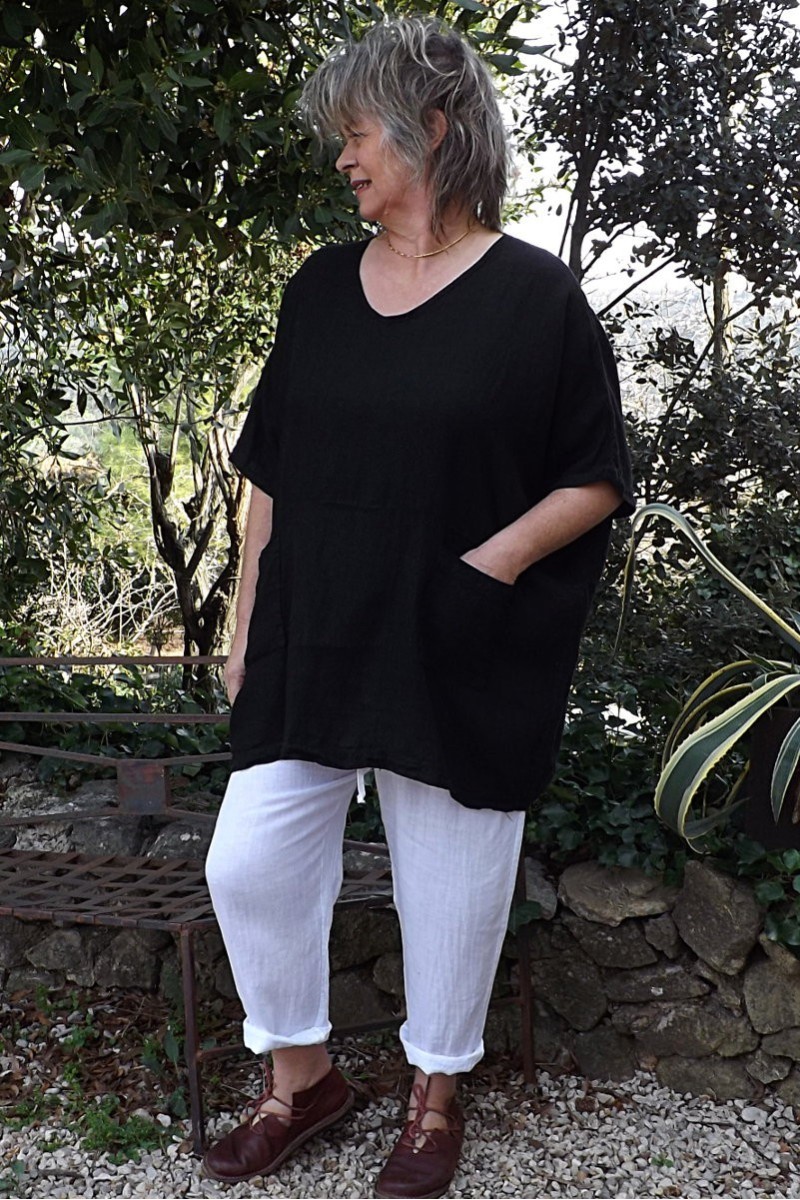 Tunique lin grande taille Suzanne noire et pantalon lin Gabriel