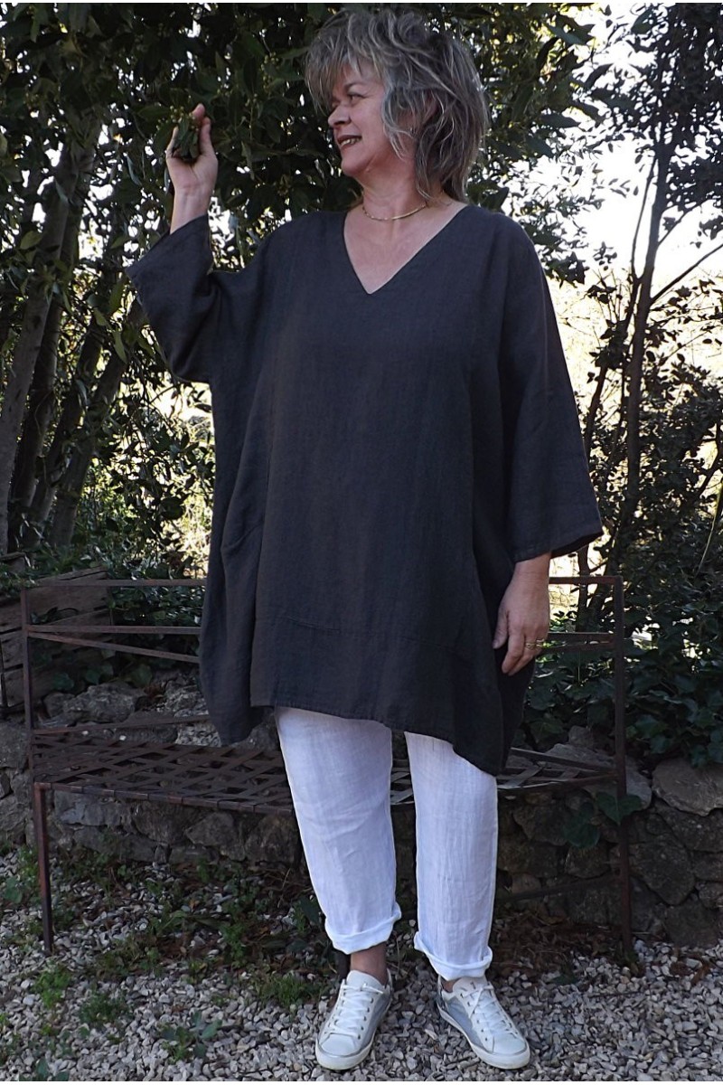 Tunique lin grande taille Romane anthracite et pantalon en lin Gabriel