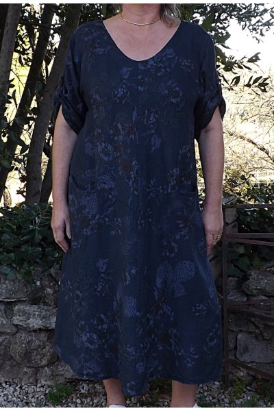 Robe longue lin grande taille Lisa marine