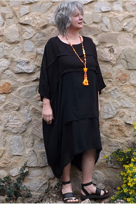 Robe lin et coton grande taille Méliana noire