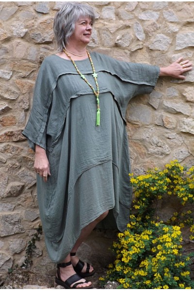 Robe lin et coton grande taille Méliana kaki