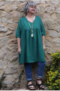 Tunique lin grande taille Marinette vert basilic et pantalon Anselme jean
