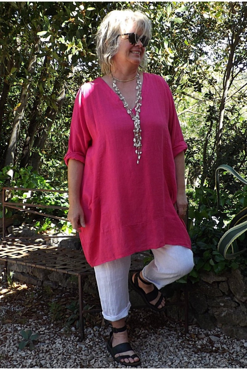 Tunique lin grande taille Romane fuchsia et pantalon lin Gabriel