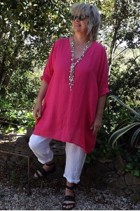 Tunique lin grande taille Romane fuchsia et pantalon lin Gabriel