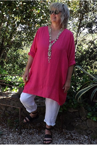 Tunique lin grande taille Romane fuchsia et pantalon lin Gabriel