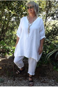 Tunique lin grande taille Romane blanche et pantalon lin Gabriel