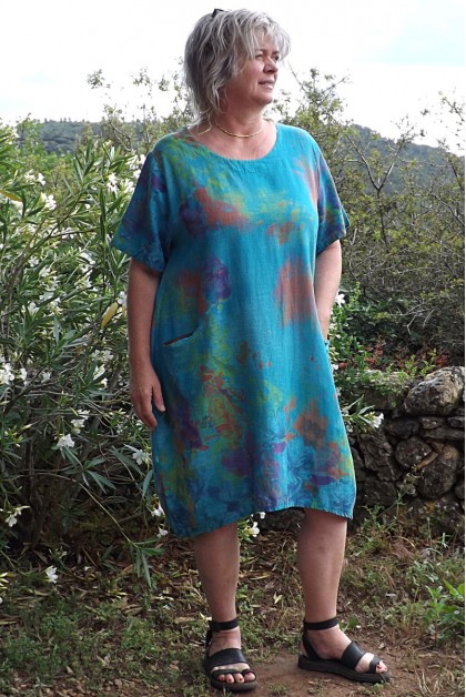 Robe lin grande taille Edith turquoise