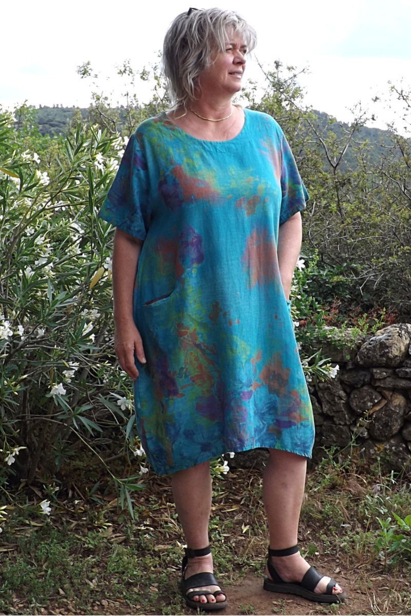 Robe lin grande taille Edith turquoise