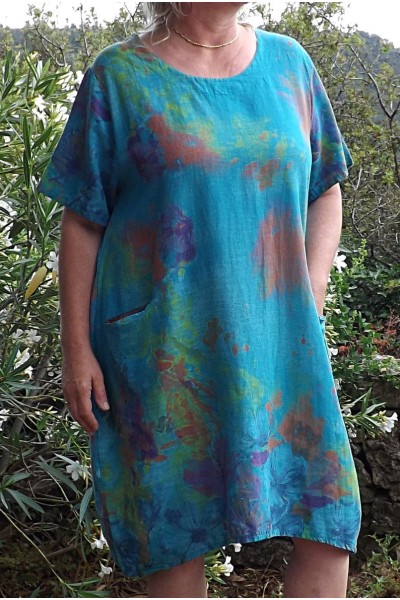 Robe lin grande taille Edith turquoise