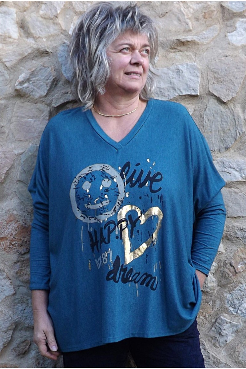 Pull léger grande taille Happy bleu et pantalon Henri