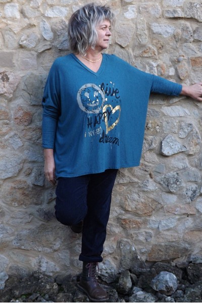 Pull léger grande taille Happy bleu et pantalon Henri