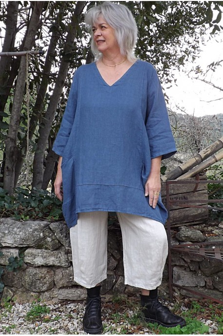 Tunique lin grande taille Romane bleu jean et pantalon lin Omer beige