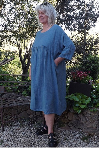 Robe longue lin grande taille Frédérique bleu jean