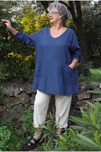 Tunique en Lin Grande Taille Femme – Col V avec 2 Poches | bleue