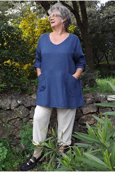 Tunique en Lin Grande Taille Femme – Col V avec 2 Poches | bleue