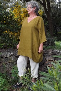 Tunique en Lin Grande Taille verte pour Femme – Col V avec 2 Poches |