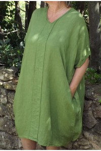 Robe longue en lin grande taille verte – Élégance naturelle avec col V