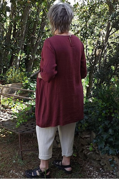 Tunique en Lin Femme – Manches 3/4, 2 Poches | Élégance, Bourgogne.