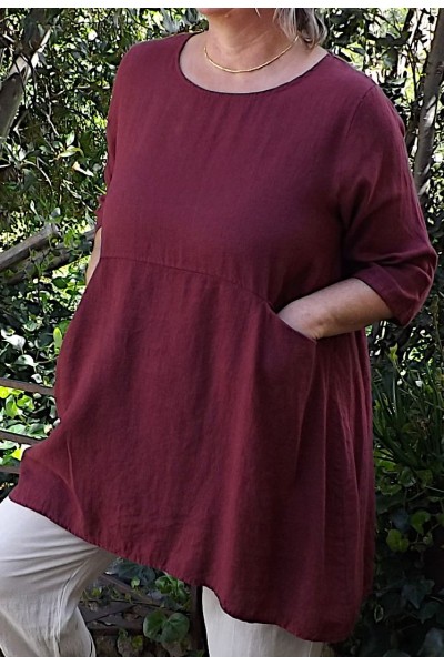 Tunique en Lin Femme – Manches 3/4, 2 Poches | Élégance, Bourgogne.