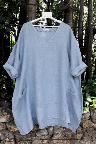 Tunique en Lin Femme – grande taille couleur bleue, col V.