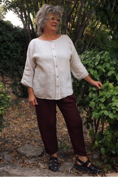 Top en lin réversible femme – boutonnage devant ou dos, polyvalent