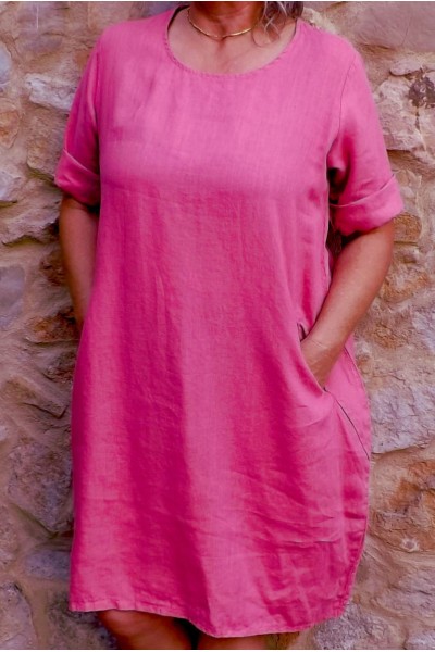 Robe en lin rose grande taille avec poches – Légèreté et confort chic