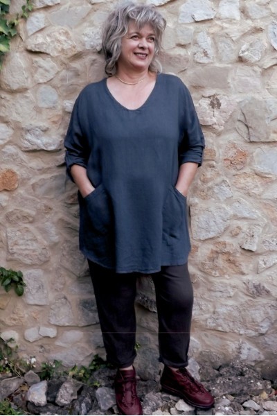 Tunique lin grande taille, col V, deux poches pratiques