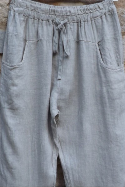 Pantalon en lin beige petite taille - Taille réglable avec cordon