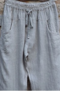 Pantalon en lin beige petite taille - Taille réglable avec cordon