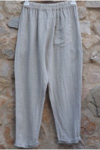 Pantalon en lin beige petite taille - Taille réglable avec cordon