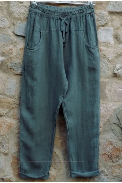Pantalon en lin kaki petite taille - Taille réglable avec cordon