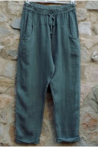 Pantalon en lin kaki petite taille - Taille réglable avec cordon