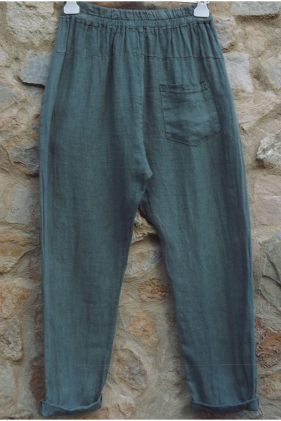 Pantalon en lin kaki petite taille - Taille réglable avec cordon