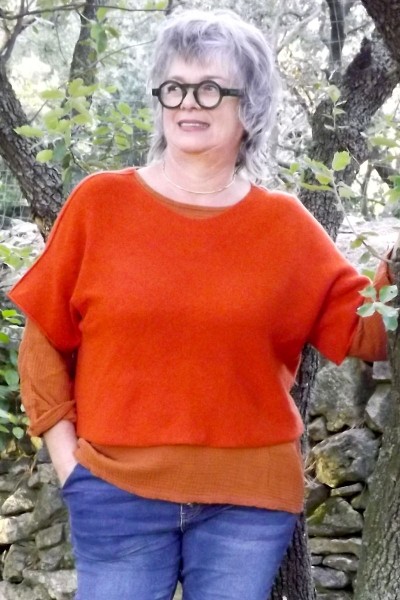 Pull Siméon col rond Rouille orangé et Top gaze de coton Colin rouille